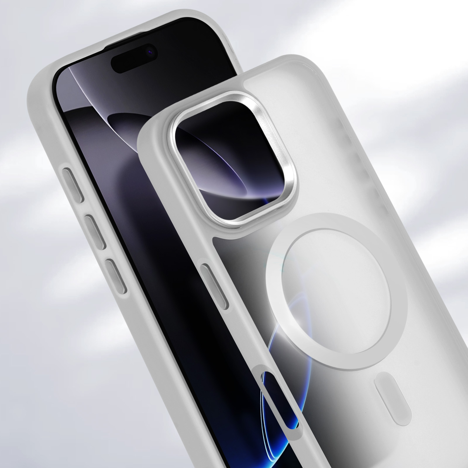 Viene mostrata una custodia per smartphone, con retro trasparente e cornice bianca.