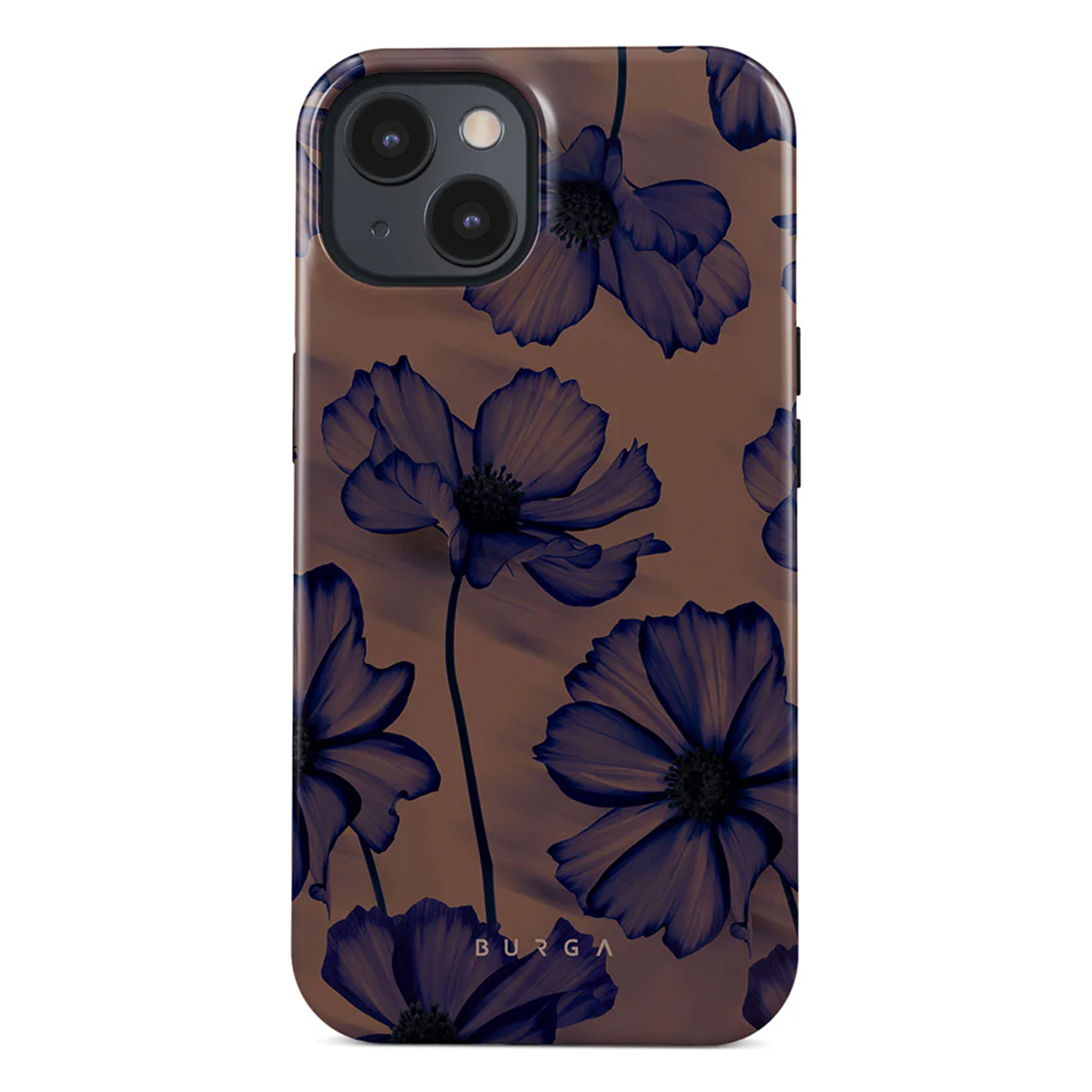 Telefoonhoesje met bloemenpatroon, donkere bloemen op een bruine achtergrond.