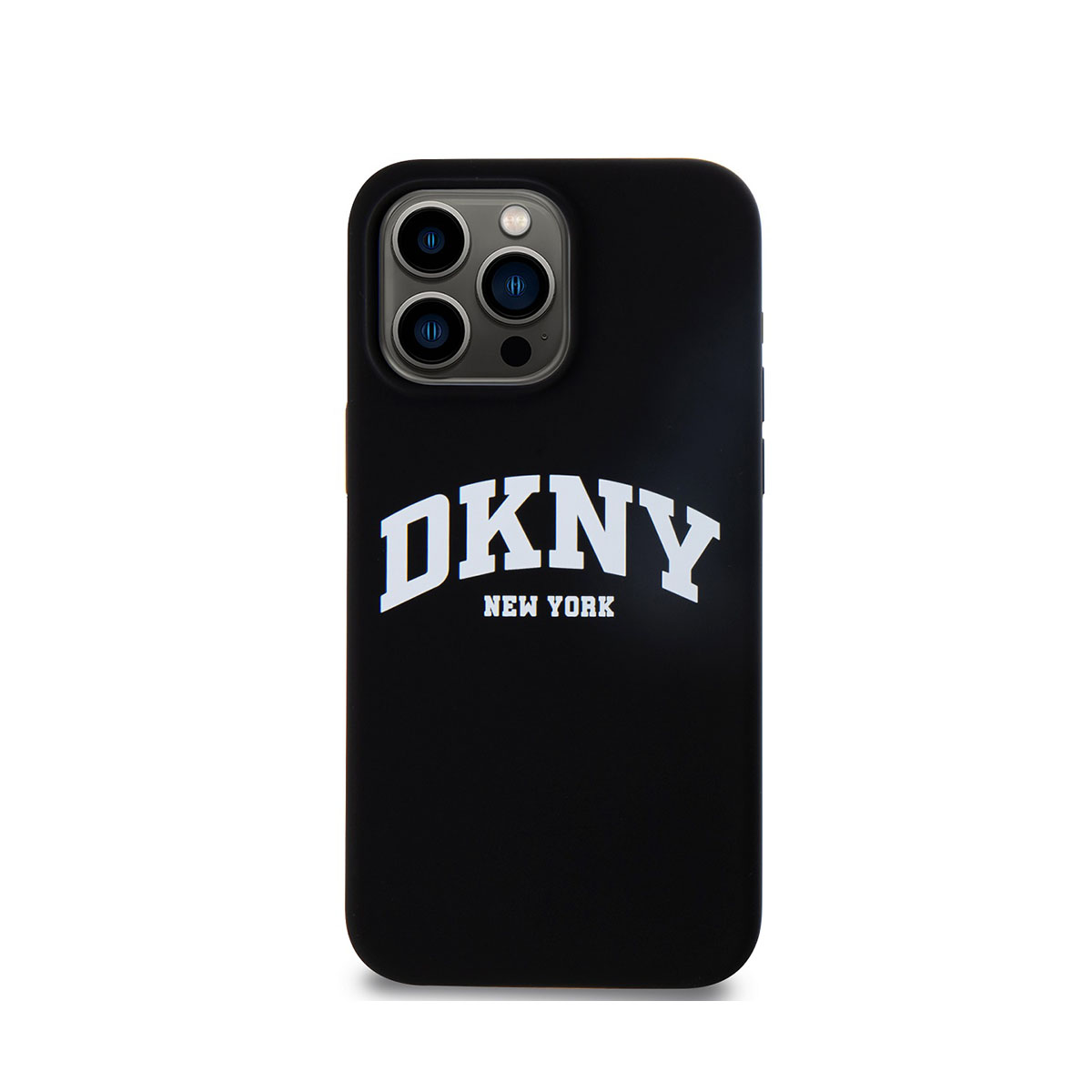 Custodia nera per telefono con logo DKNY bianco. Il telefono ha tre obiettivi.