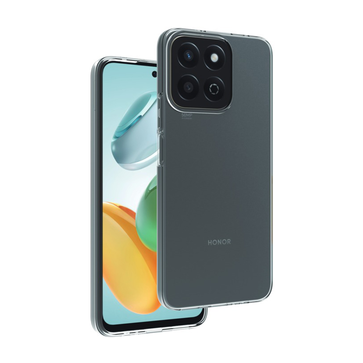 Custodia trasparente con un telefono all'interno. Il telefono ha più fotocamere e il logo HONOR è visibile.