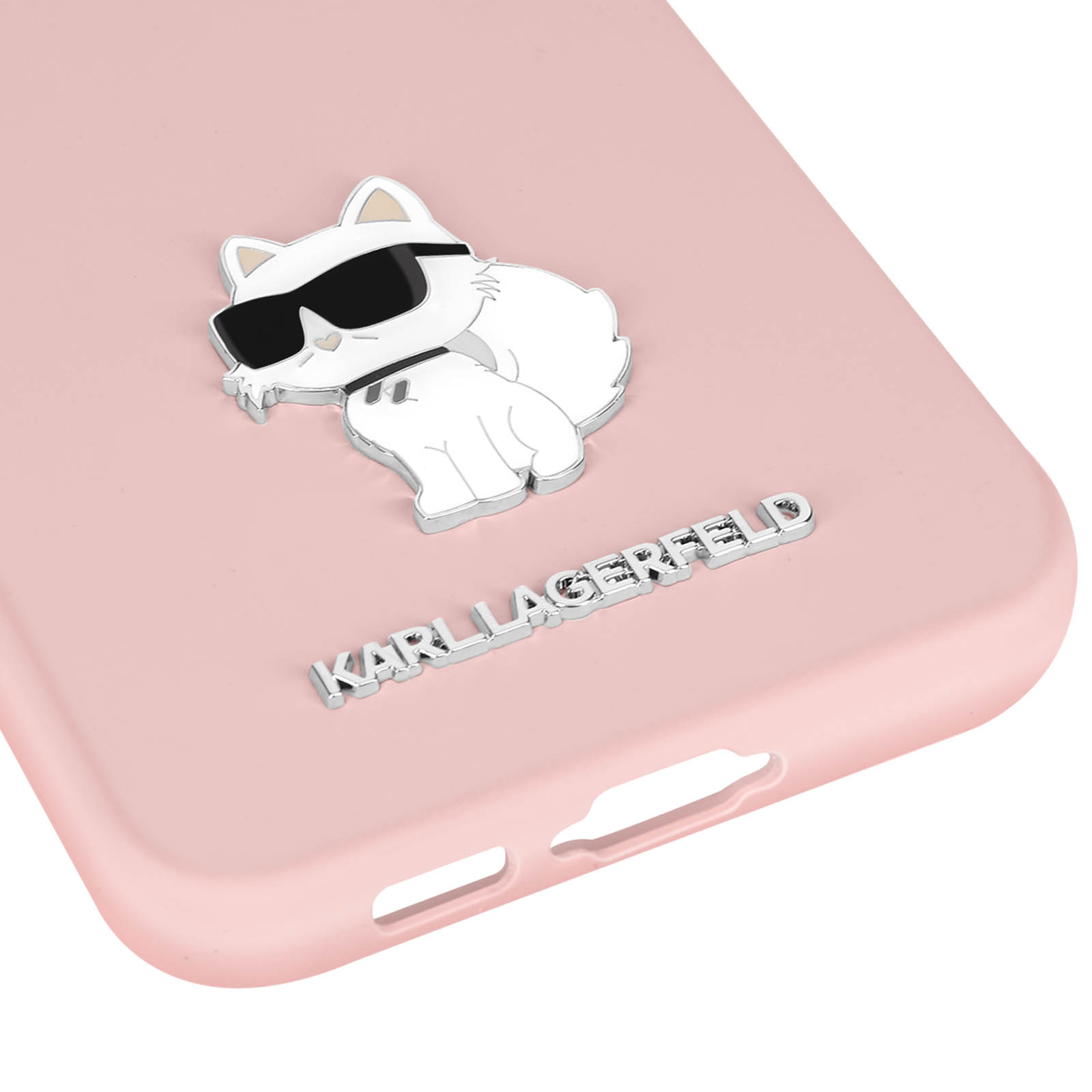 Custodia rosa con gatto bianco con occhiali, testo 'KARL LAGERFELD'.