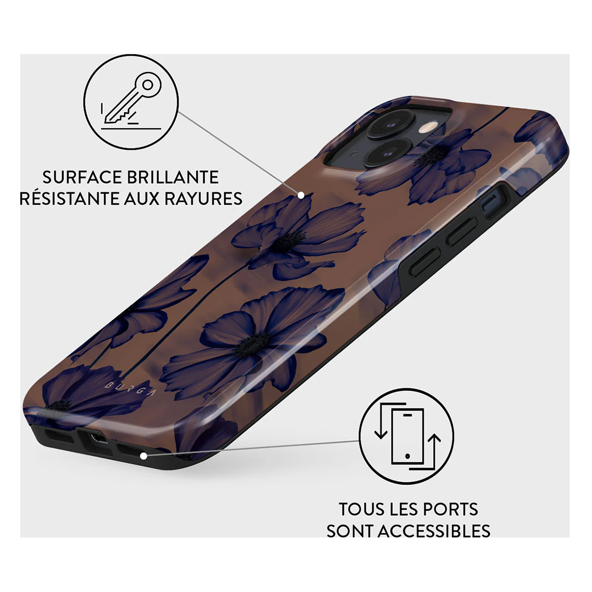 Bruine telefoonhoes met blauw bloemdesign en tekst. Tekst: Surface Brillante.