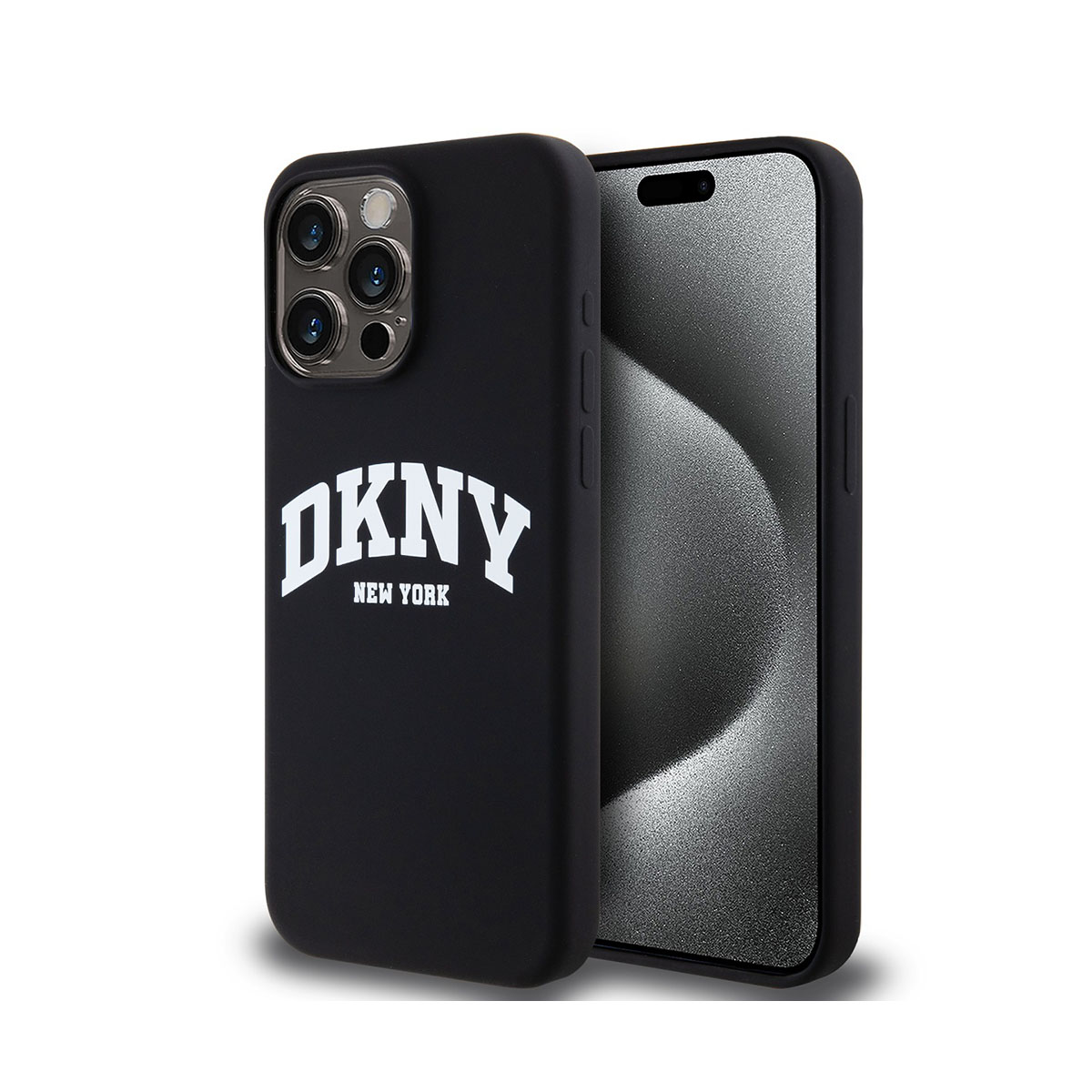 Un iPhone in una custodia nera con il logo DKNY bianco.