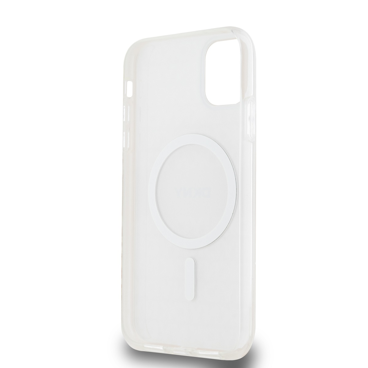 Custodia trasparente con un cerchio bianco e una linea verticale. Il telefono non è visibile.