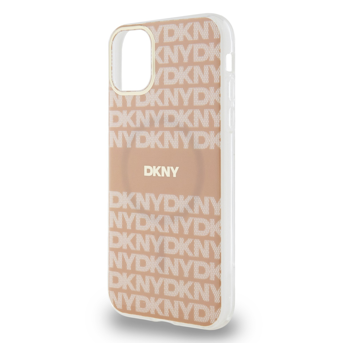 Custodia con motivo logo DKNY, un telefono all'interno e sfondo bianco.