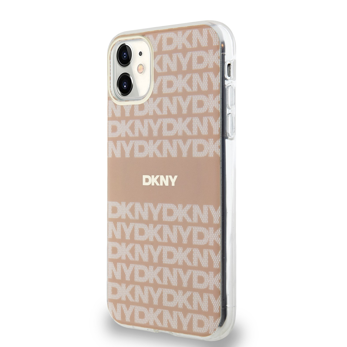 Custodia per telefono con logo DKNY, motivo beige e bianco. Sfondo bianco.