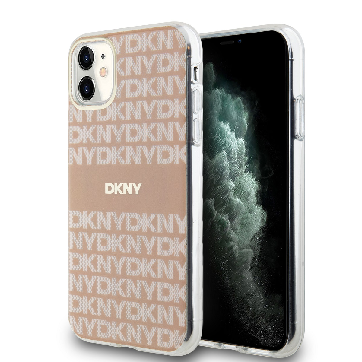 Un telefono con una custodia trasparente, con un design DKNY sulla custodia e sul telefono.