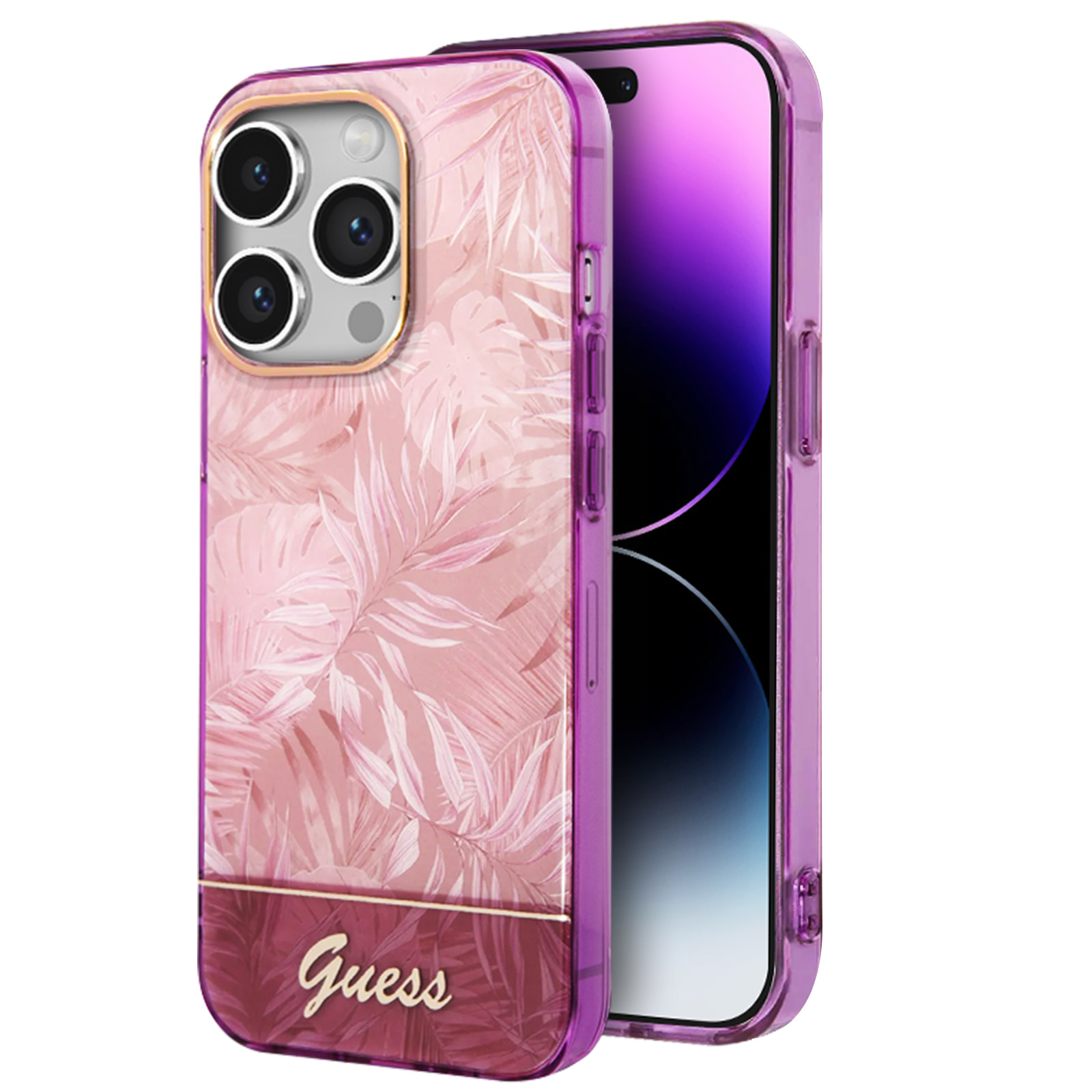 Custodia floreale rosa con anello fotocamera dorato, logo Guess in basso.