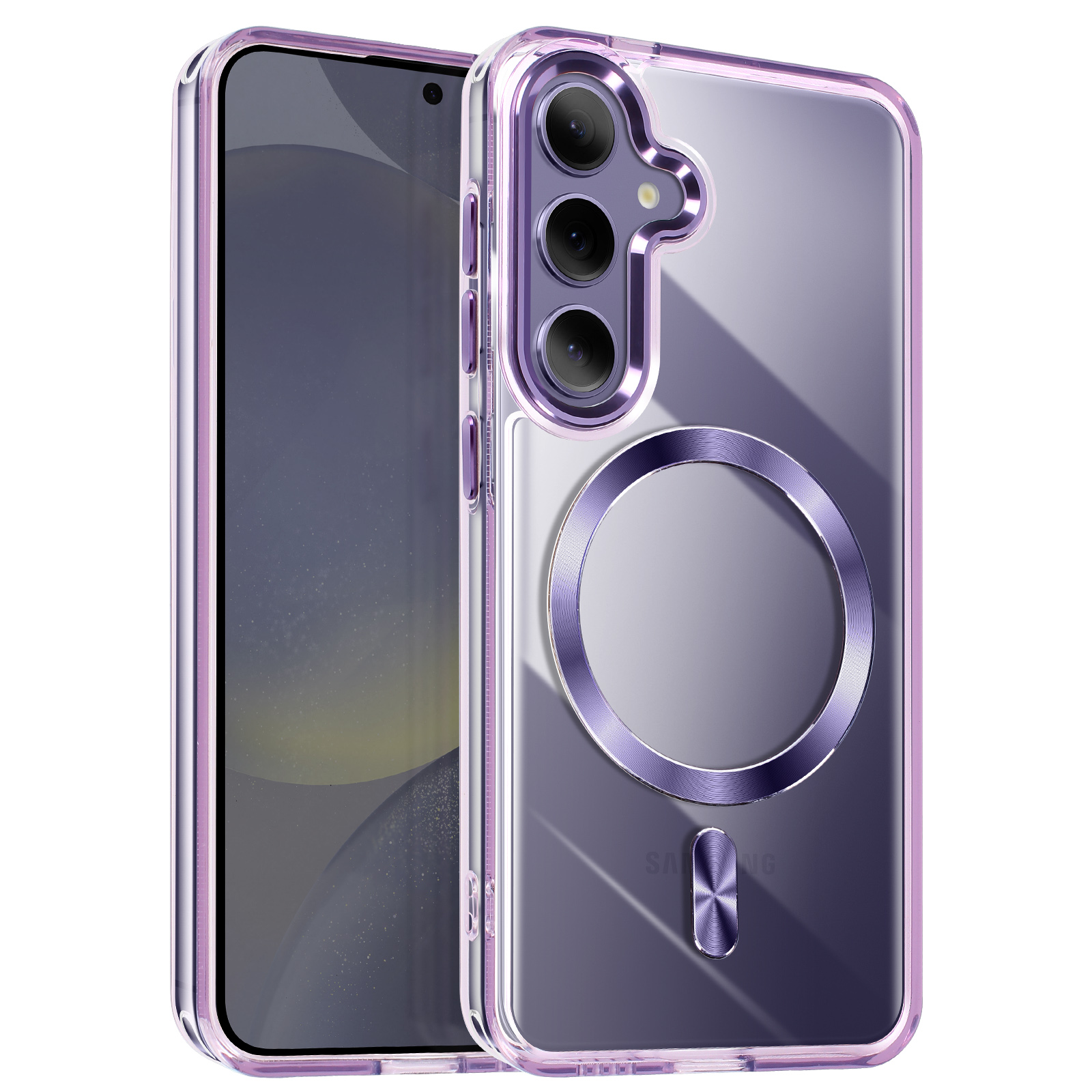 Una custodia per telefono con bordi viola, retro trasparente, un cerchio e il telefono Samsung.