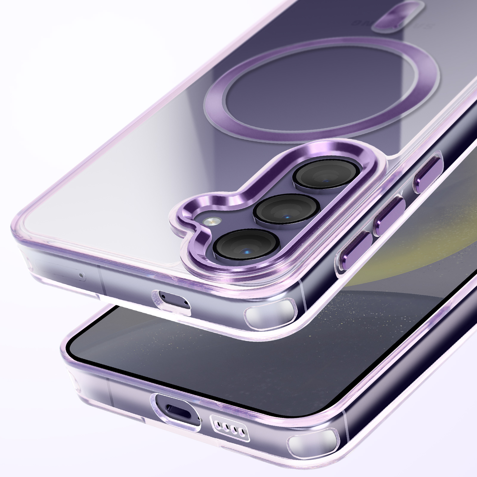 Custodia trasparente con dettagli viola e telefono all'interno. Sfondo bianco.