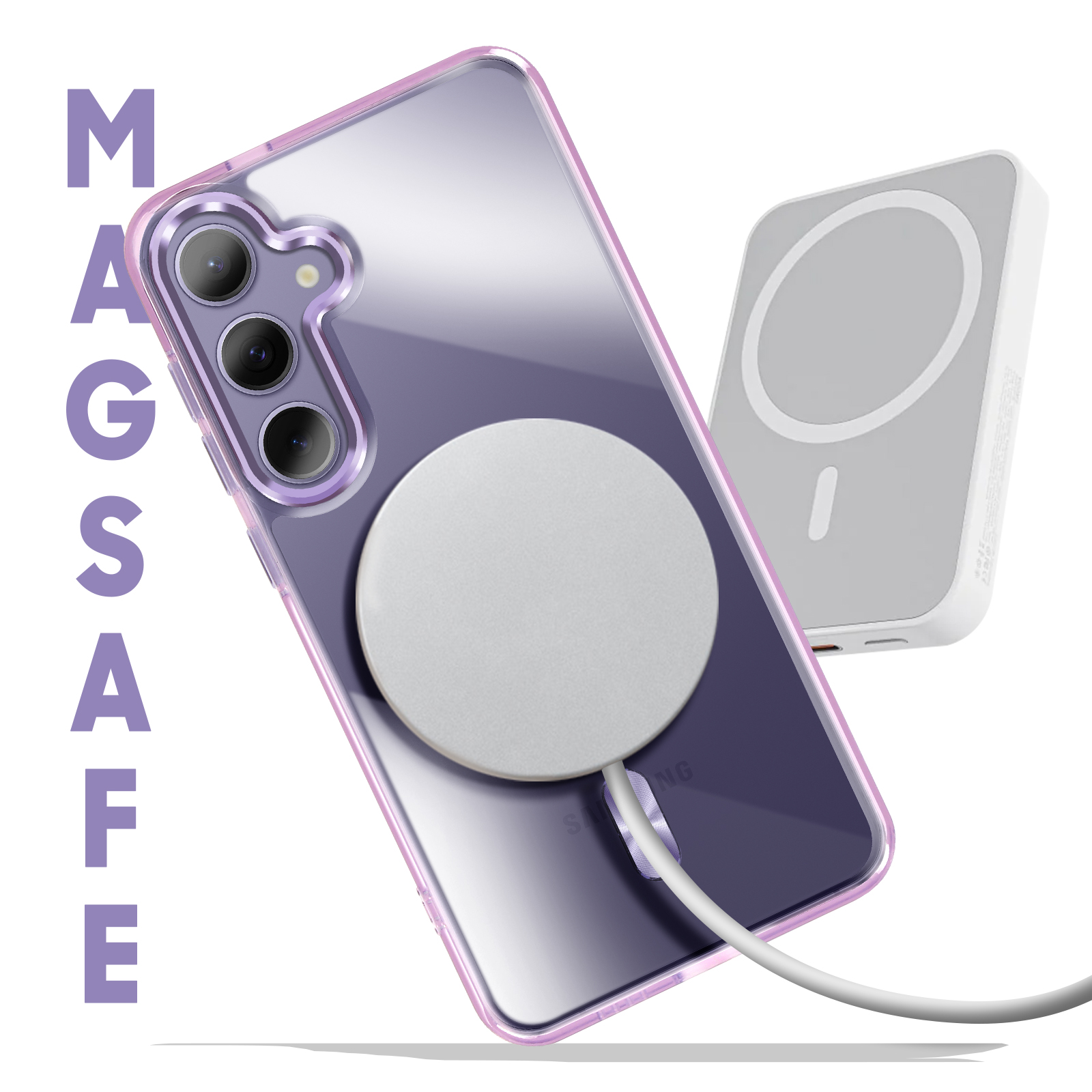 Un telefono con una custodia trasparente e un caricabatterie MagSafe collegato. La parola MAGSAFE è visibile.