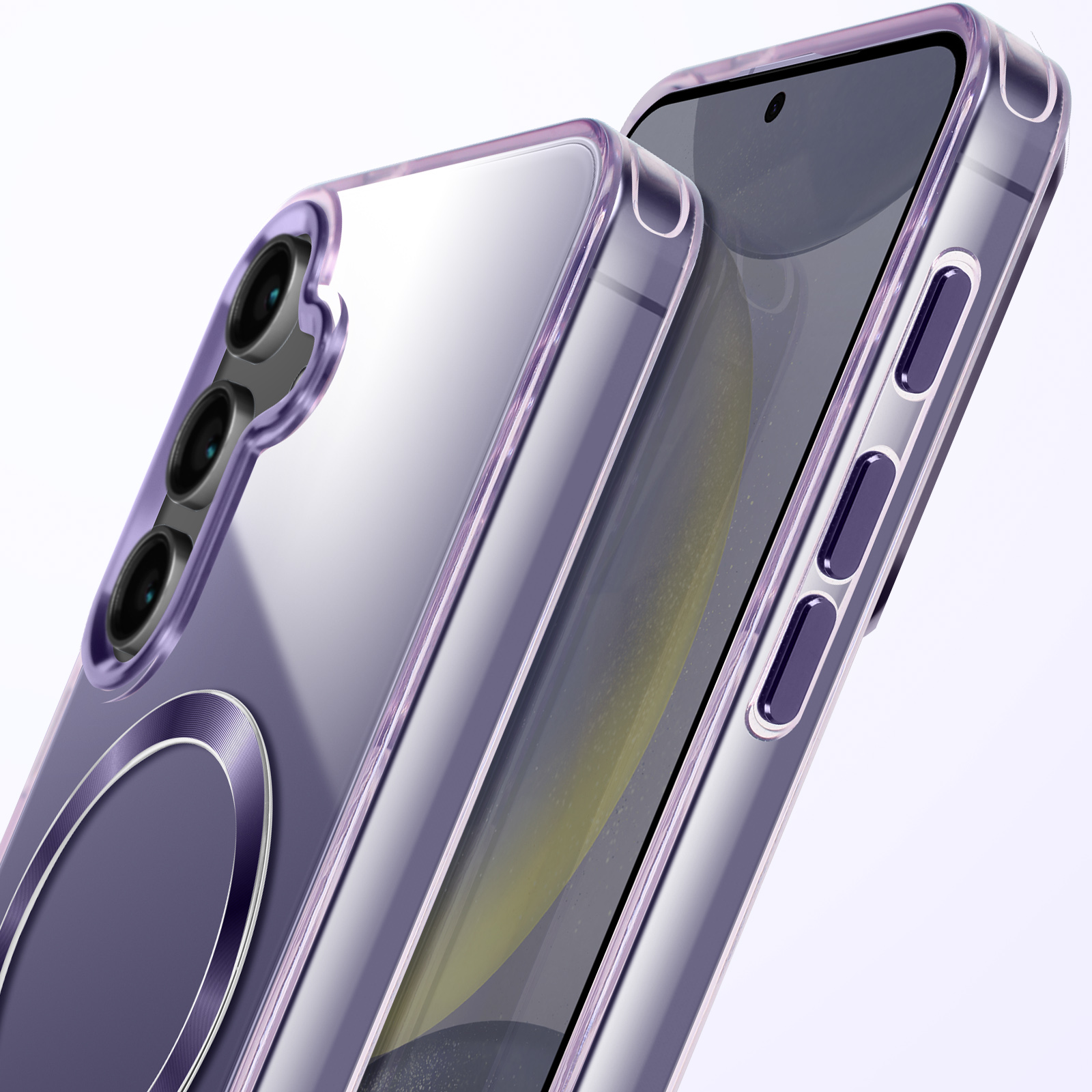 Custodia trasparente sul telefono, che mostra fotocamere e controlli. Tinta viola.