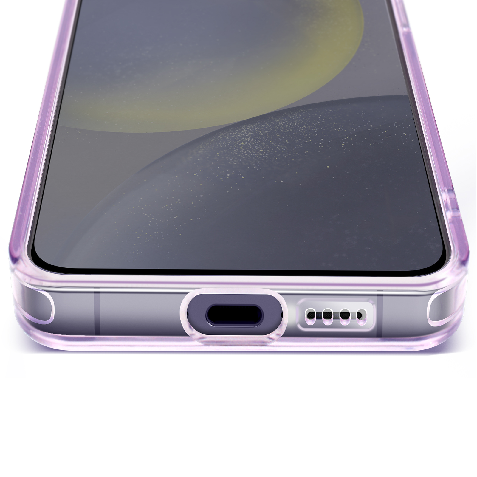 Custodia per telefono. Primo piano della parte inferiore. Custodia trasparente con bordo viola. Sfondo bianco.