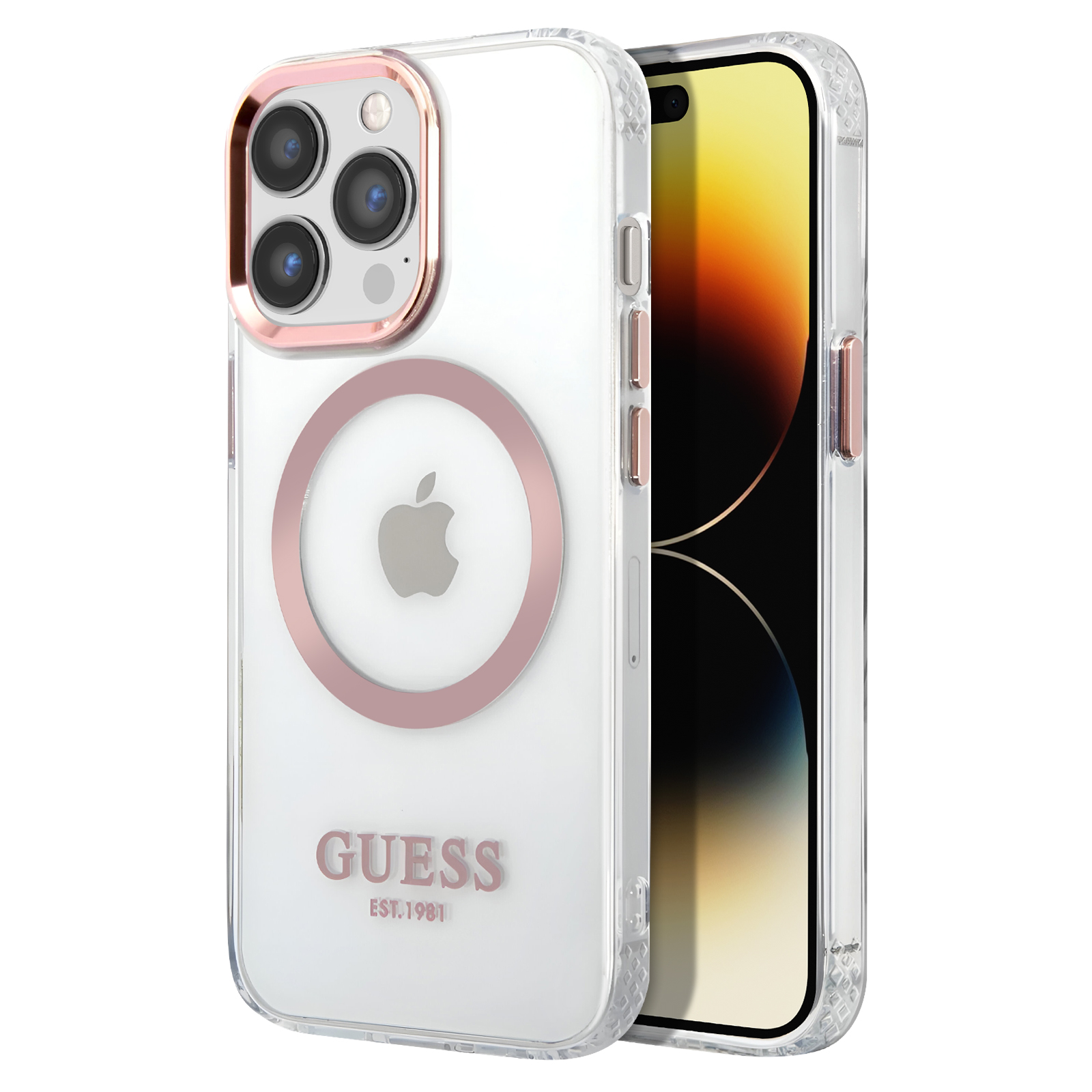 Custodia trasparente con logo Guess e logo Apple.