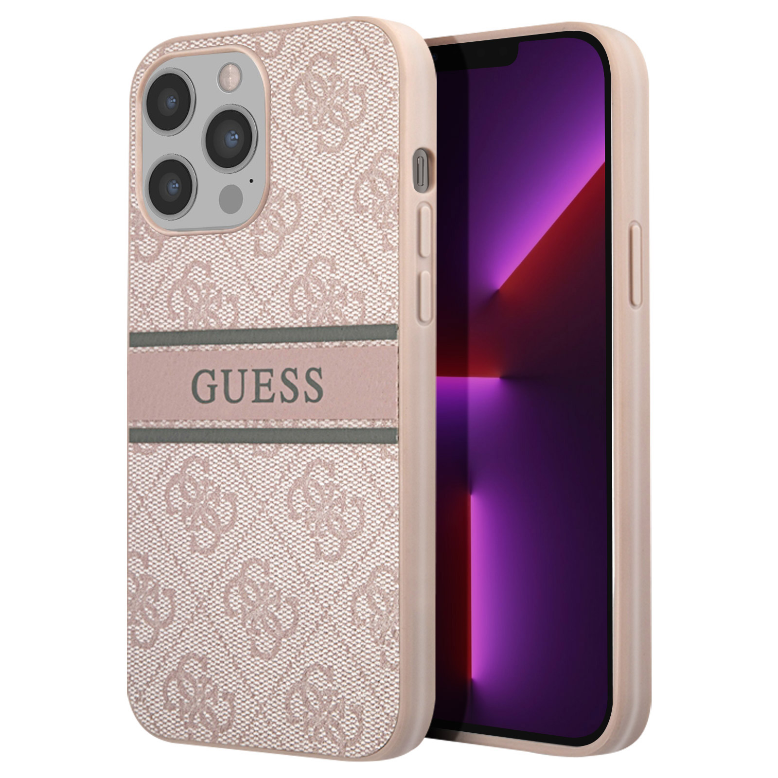 Custodia rosa per telefono con logo Guess e telefono. Il telefono è a destra.