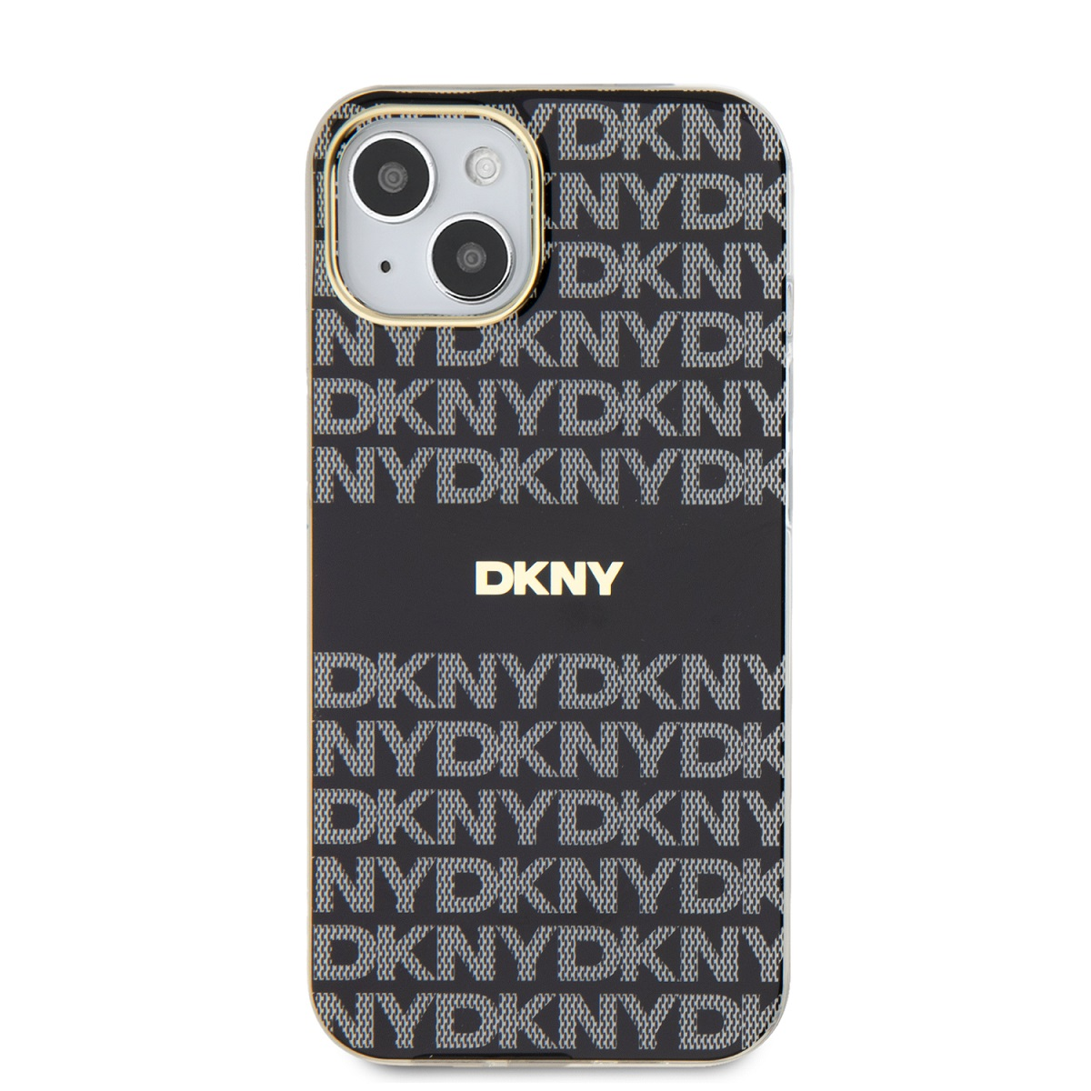 Custodia con motivo DKNY e logo. Bordo color oro. Sfondo bianco.