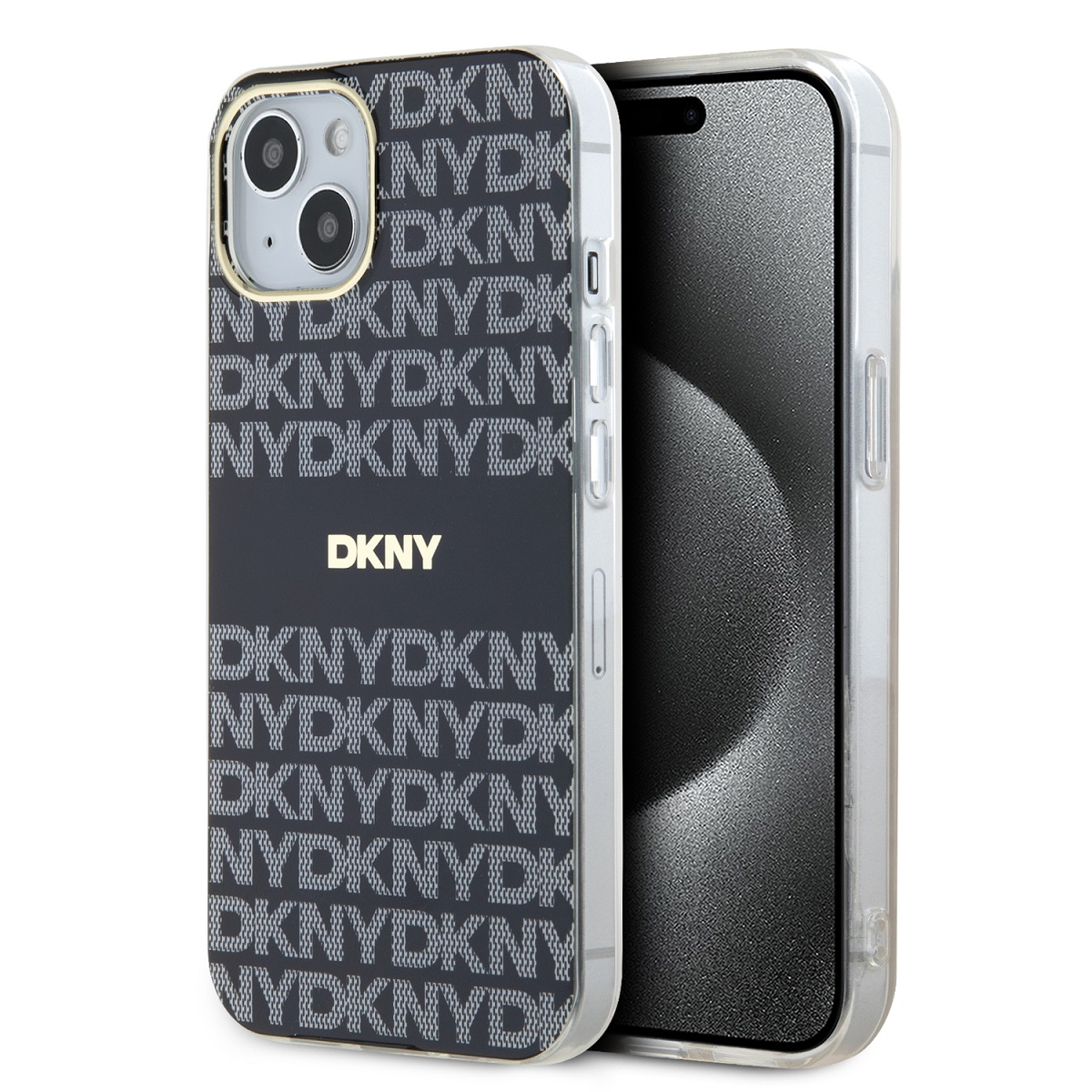 Telefono con custodia con motivo DKNY. Il telefono è su una superficie bianca. Logo DKNY dorato.
