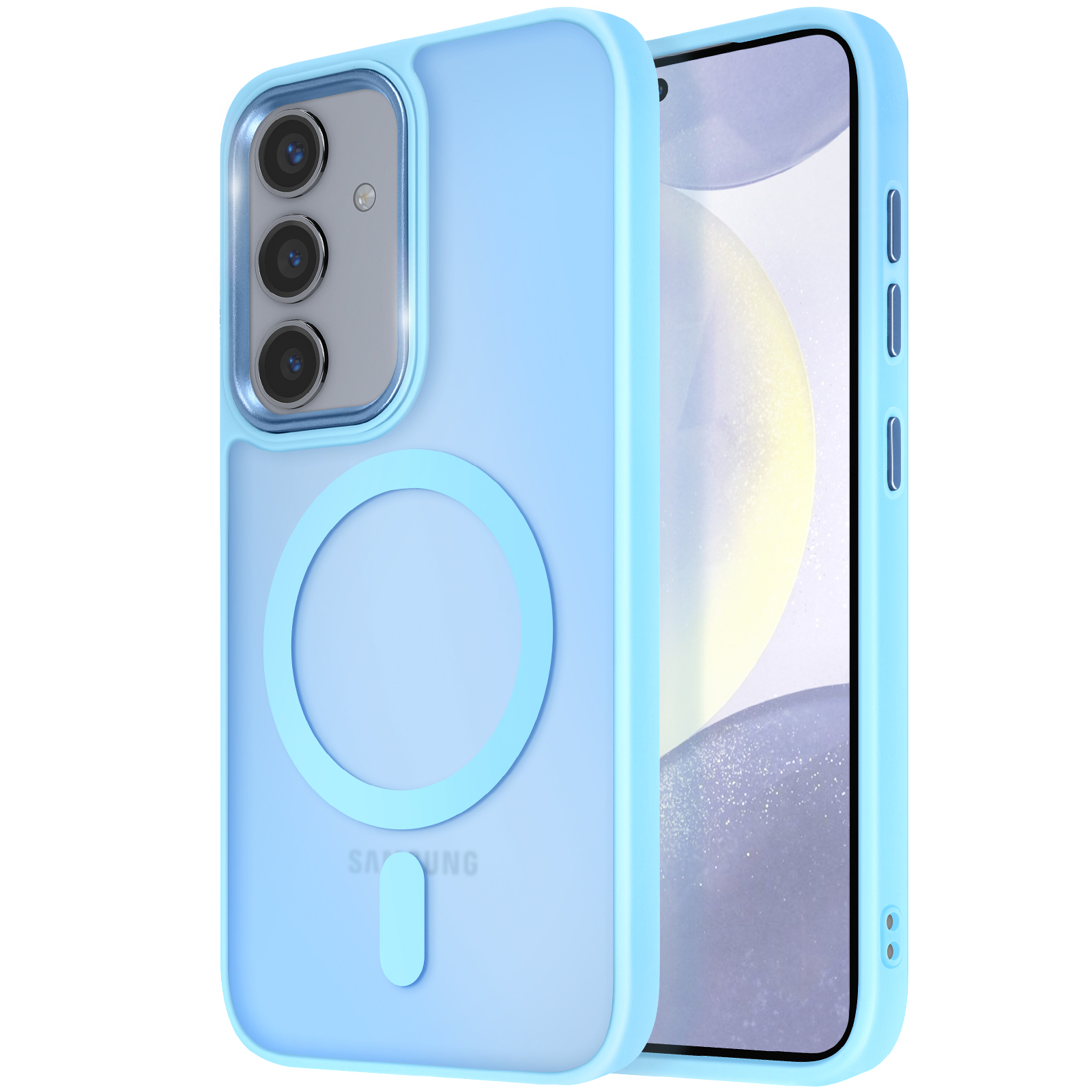 Custodia blu per telefono con anello magnetico e telefono. Il telefono ha uno schermo visibile.