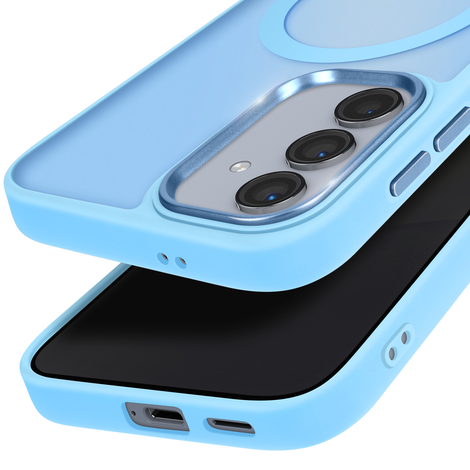 Custodia per telefono azzurra con telefono all'interno. Ha un ritaglio per fotocamera.