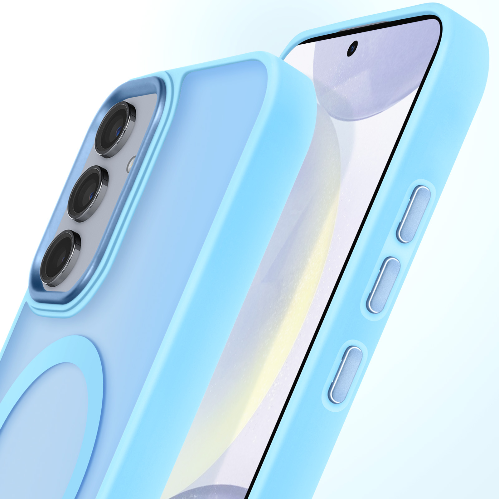 Custodia per telefono azzurra con telefono all'interno. Ha un ritaglio per fotocamera.