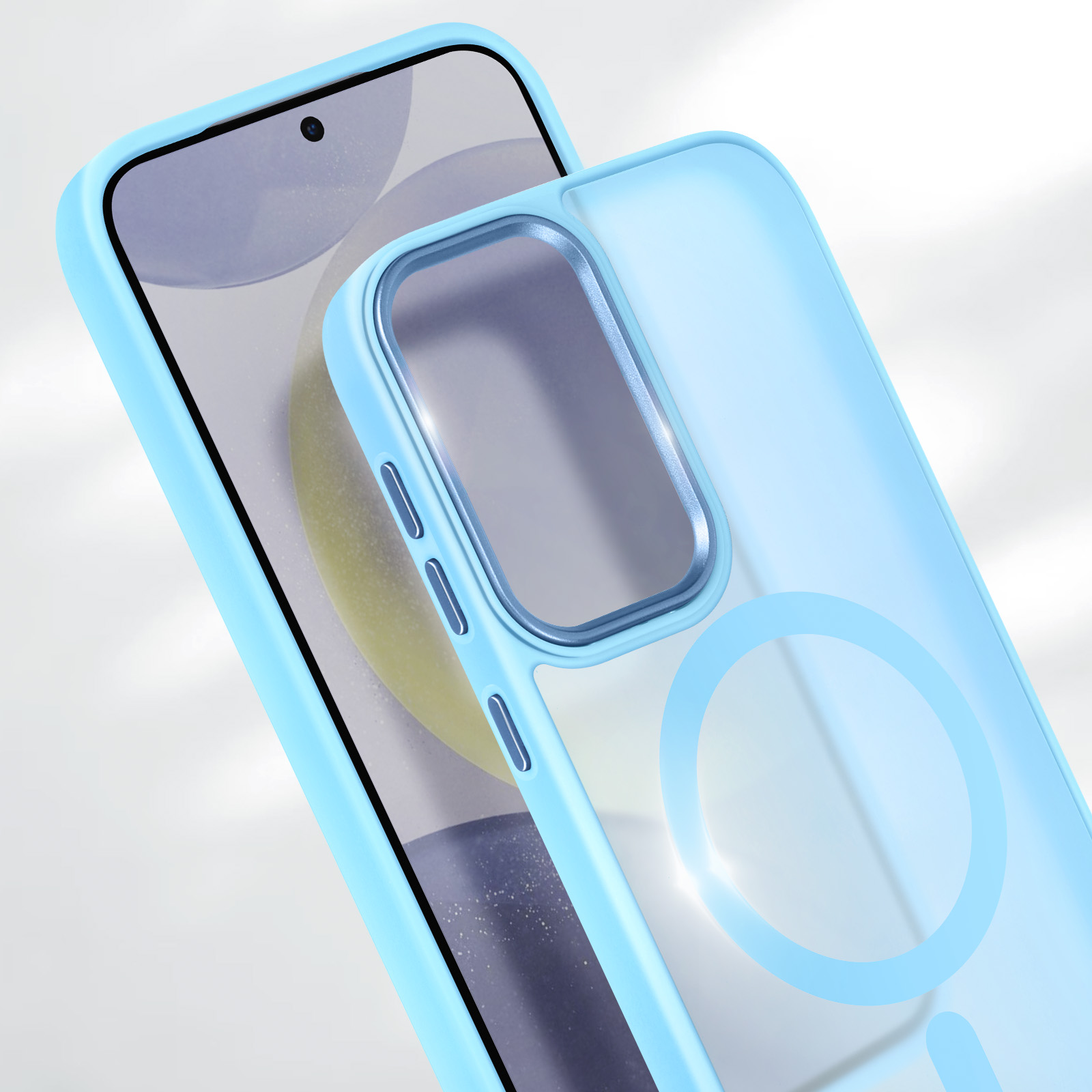 Un iPhone in una custodia azzurra, parzialmente visibile.