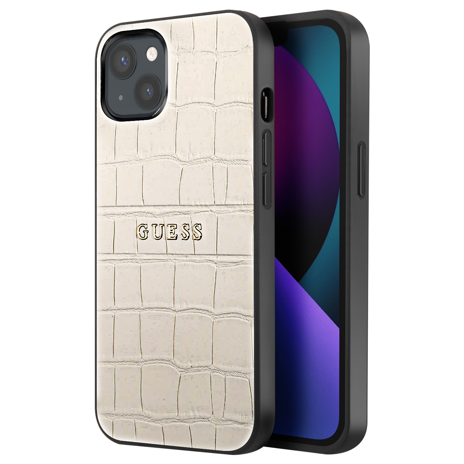 Custodia per telefono con logo GUESS. Motivo coccodrillo bianco e telefono nero all'interno.