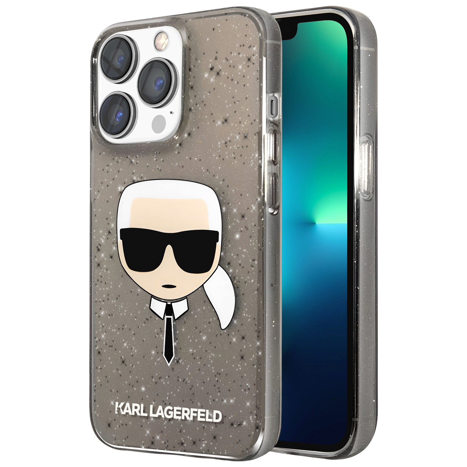 Custodia per telefono con glitter argentati con un cartone di Karl Lagerfeld.