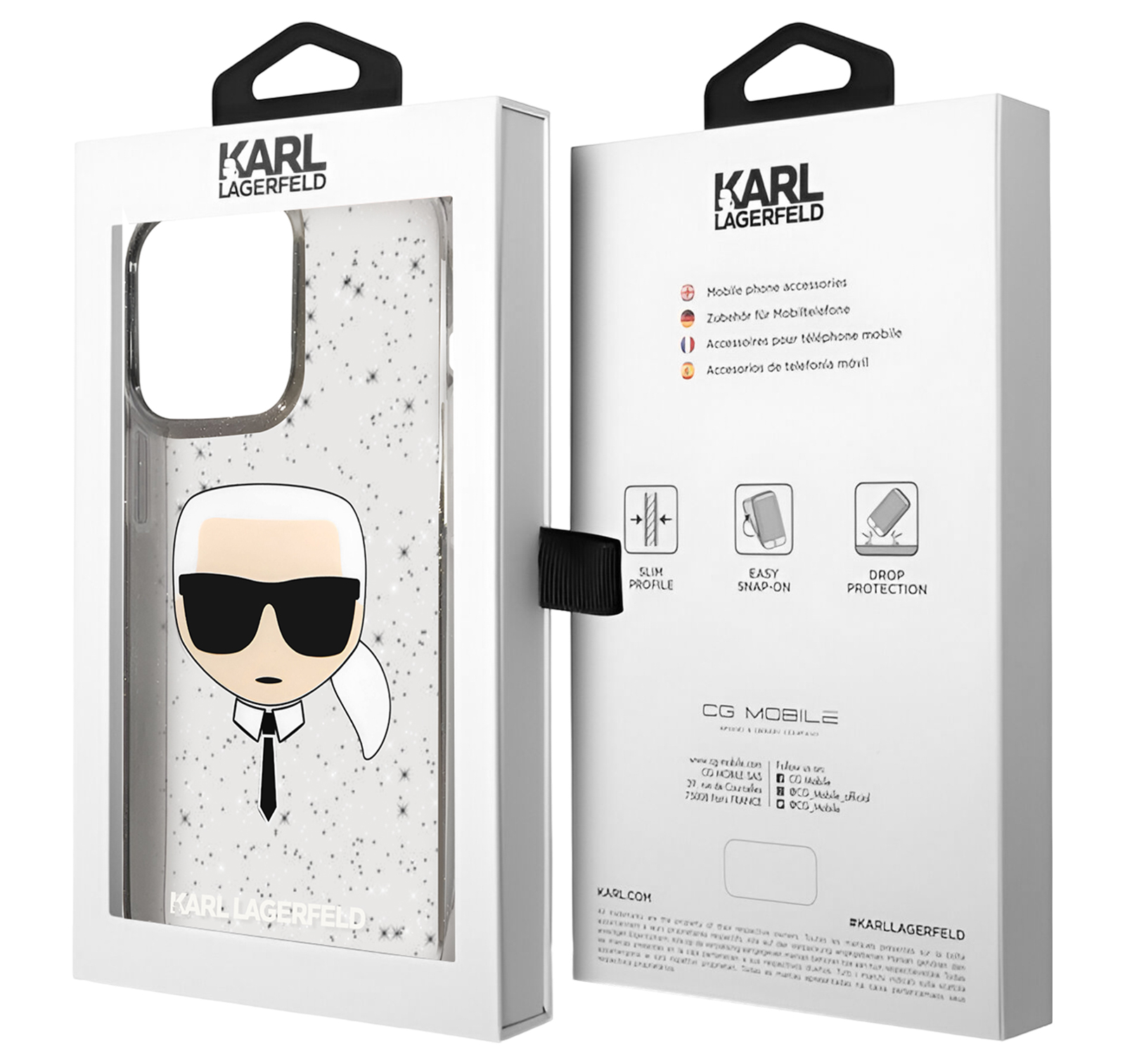 Una scatola per custodia per telefono con un design Karl Lagerfeld, con il designer e uno sfondo stellato.