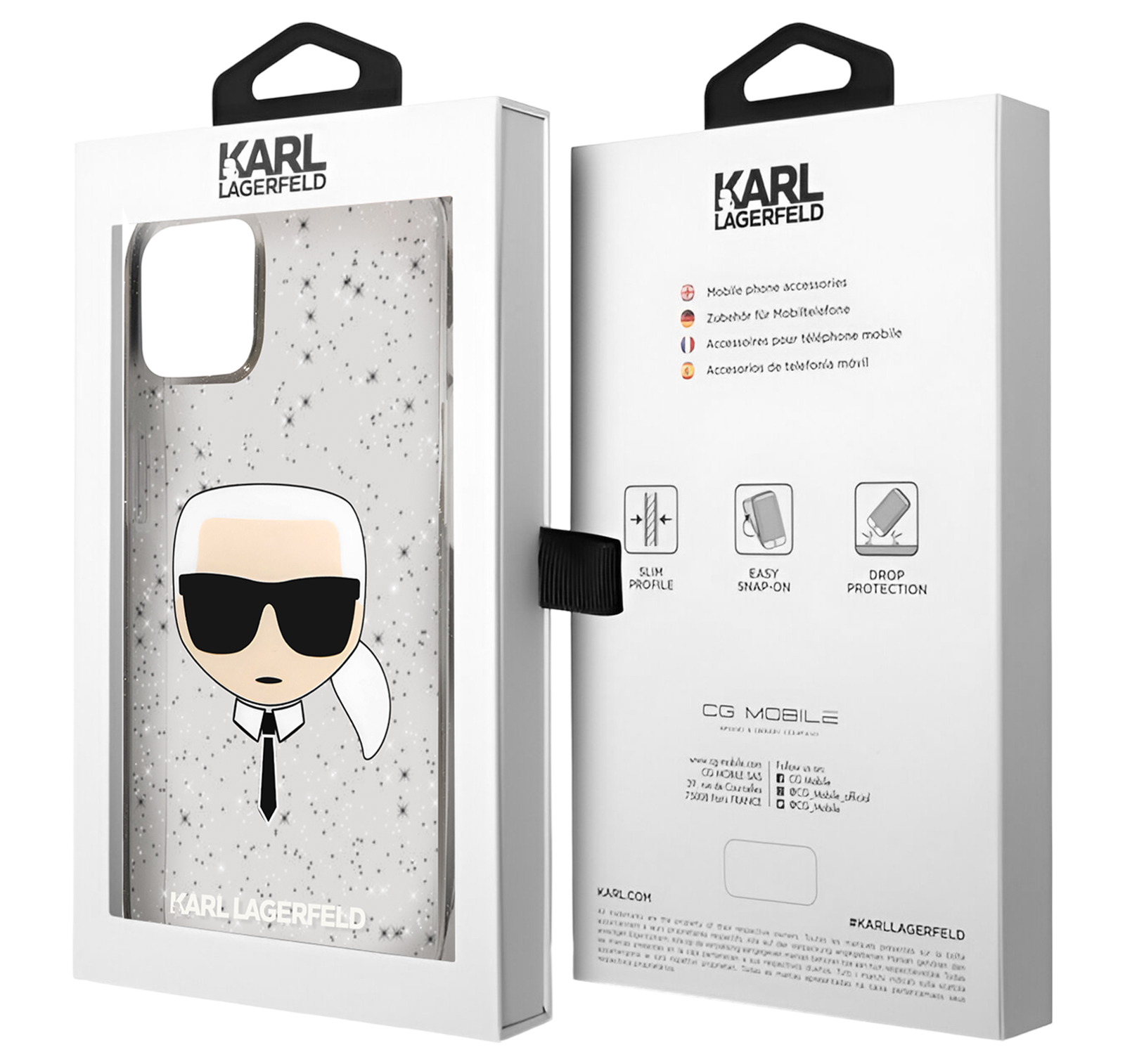 Scatola bianca con una custodia per telefono. La custodia è trasparente con stelle e un design Karl Lagerfeld.