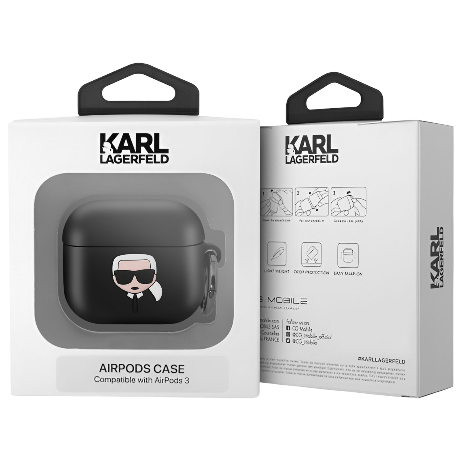 Funda negra para AirPods con diseño Karl Lagerfeld, en caja blanca con gráficos.