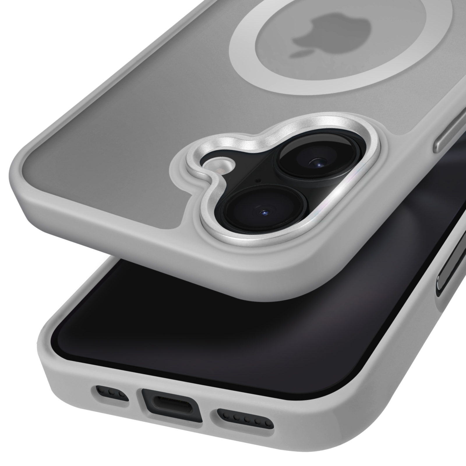 Custodia grigia con retro trasparente. Il telefono è nero. La custodia ha un anello color argento attorno alla fotocamera.