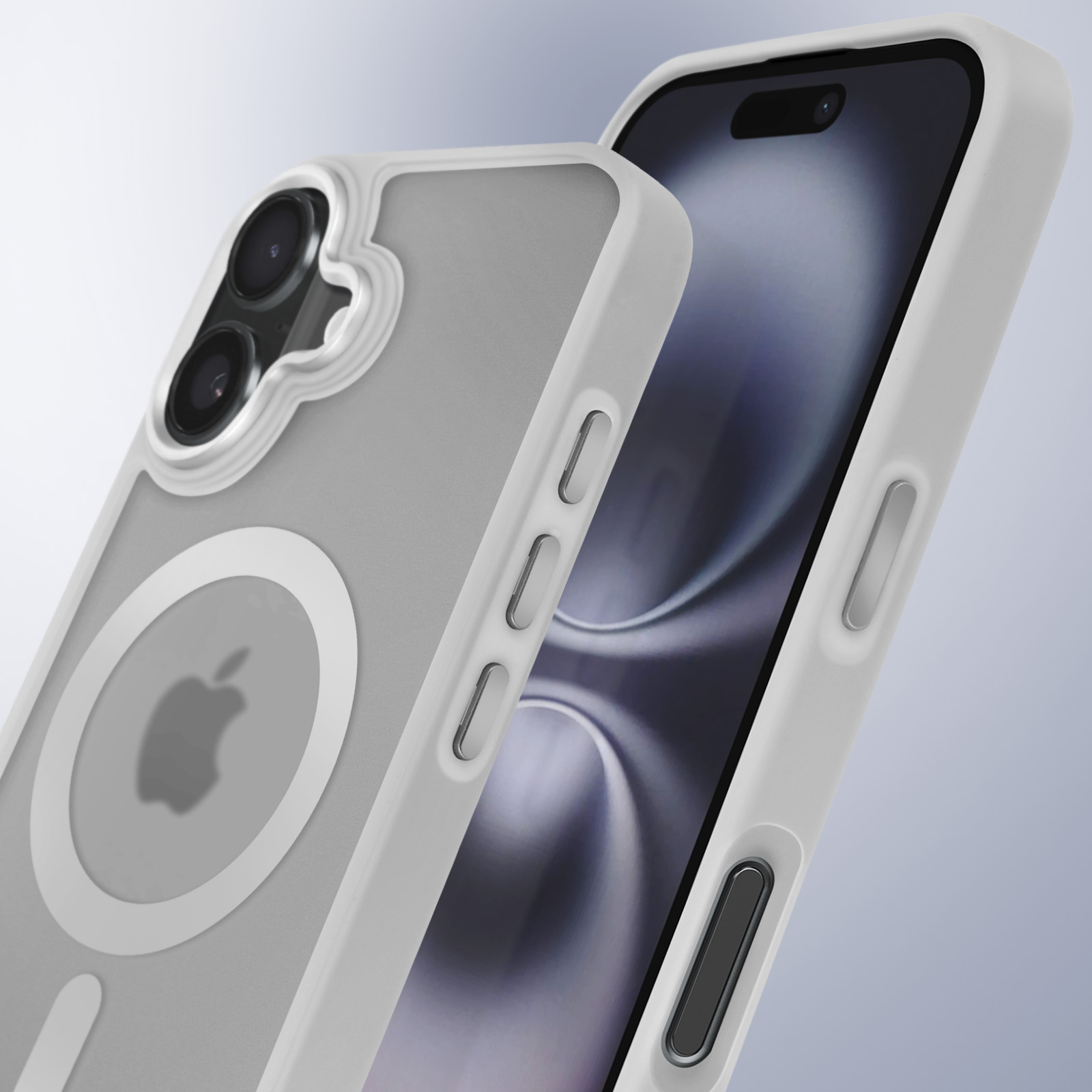 Due custodie per telefono, una grigia, una bianca, che mostrano il retro con il logo Apple e il lato.
