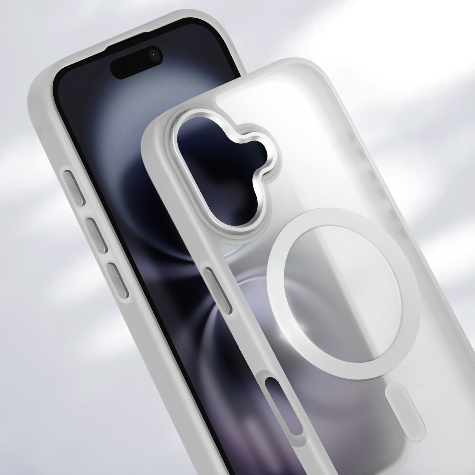 Telefono con custodia trasparente, cerchio magnetico e cornice bianca.