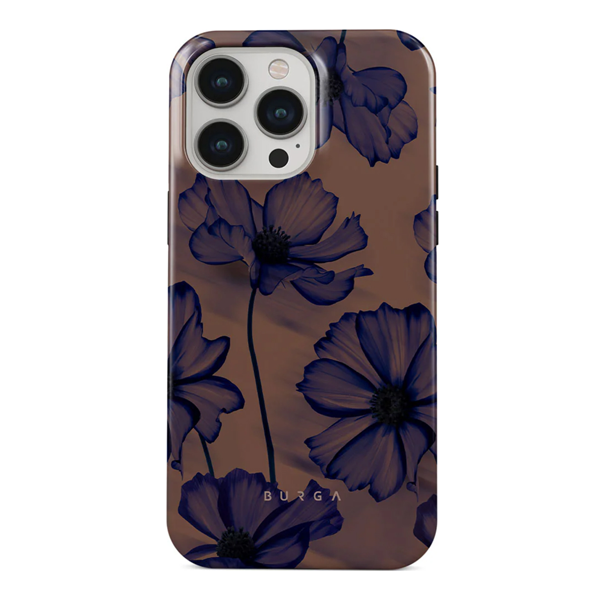 Handyhülle mit blauem Blumenmuster. Brauner Hintergrund und blaue Blumen.