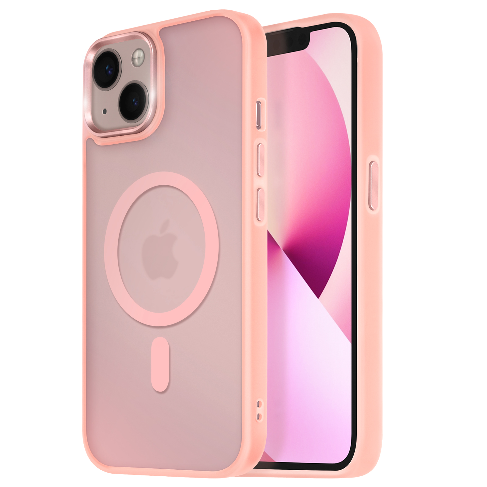 Custodia rosa con cornice rosa e retro trasparente. Logo Apple e cerchio di ricarica visibili.