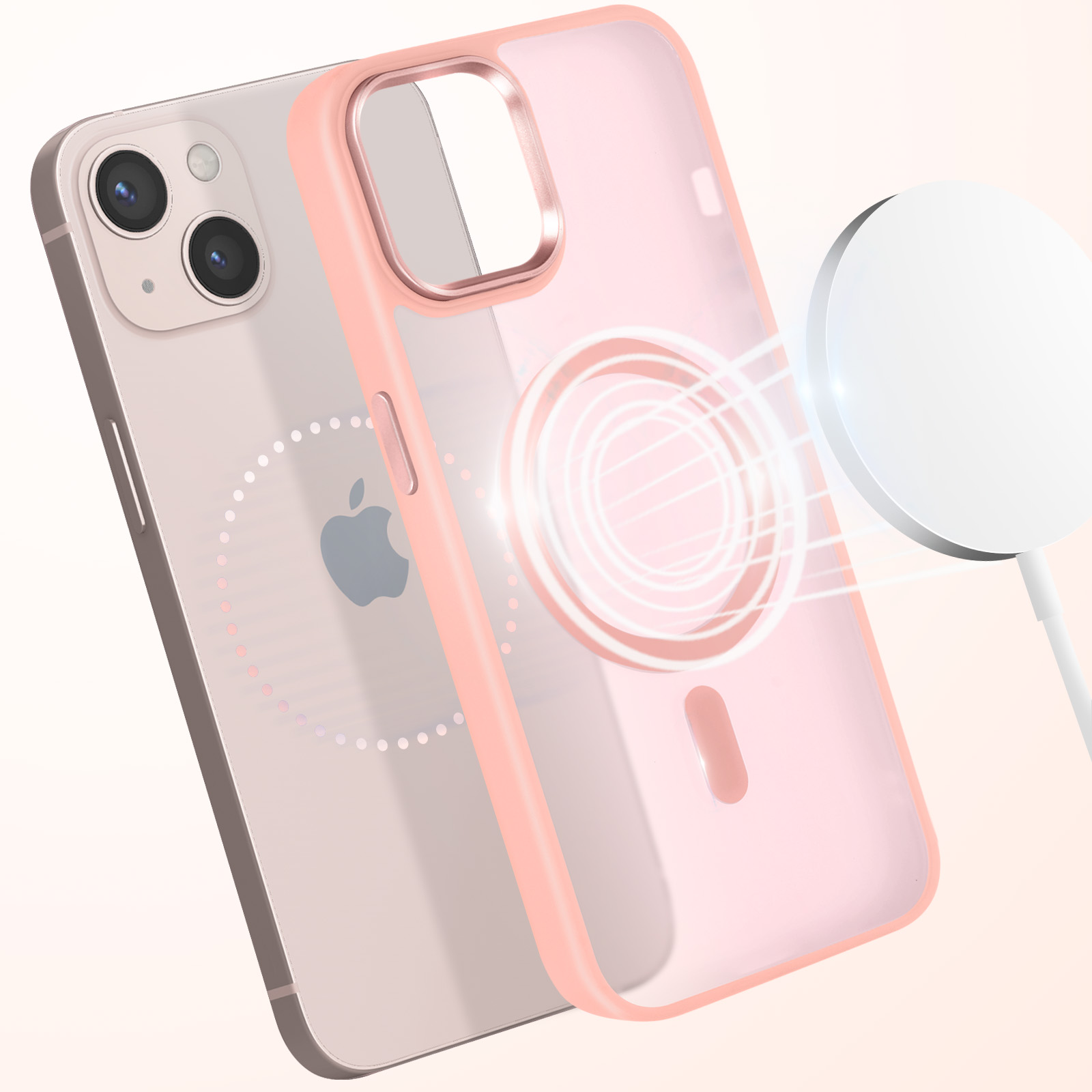 Custodia rosa e un telefono. Con un dispositivo di ricarica bianco.