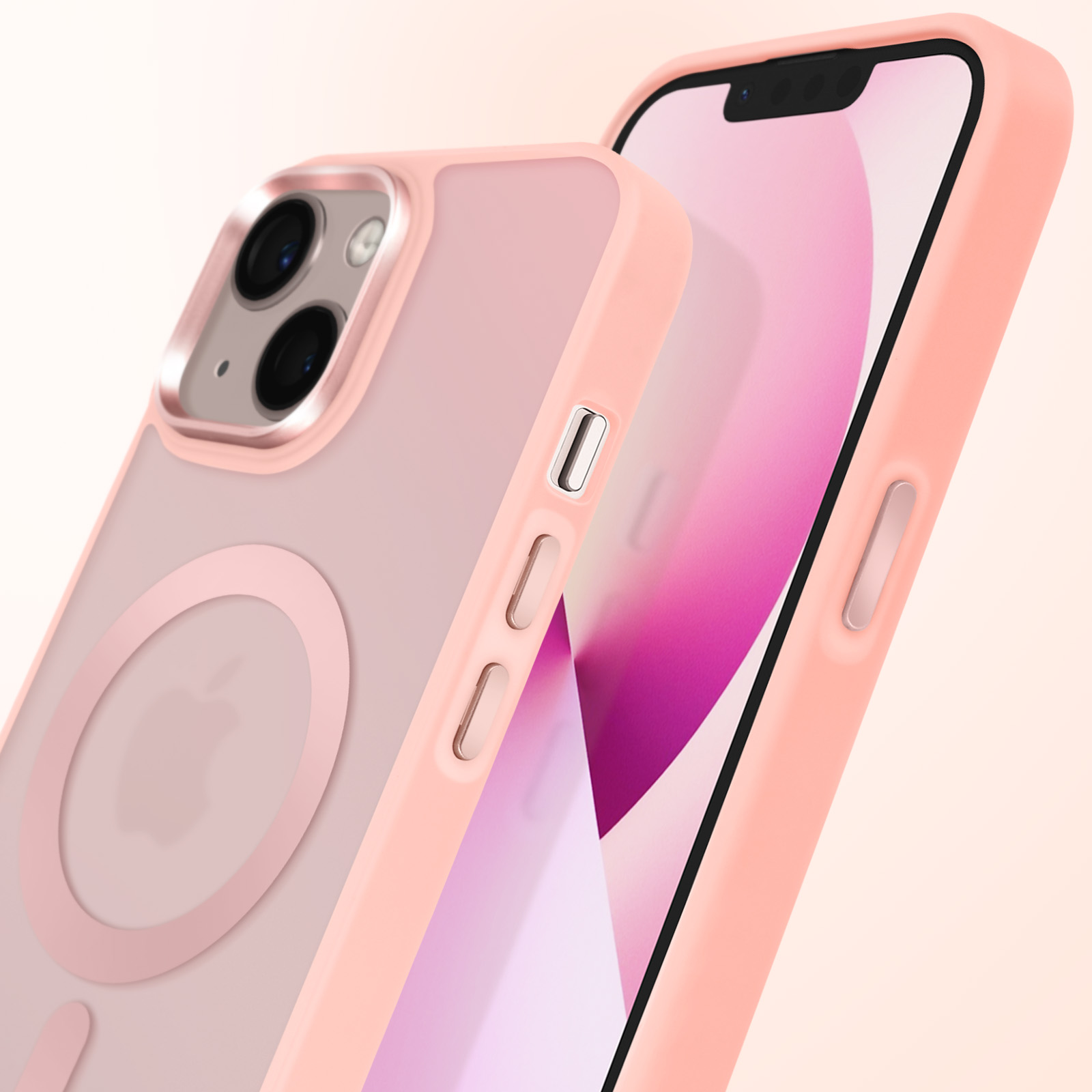 Custodia rosa per telefono con anello magnetico. Custodia rosa con un cerchio. Logo Apple all'interno del cerchio.