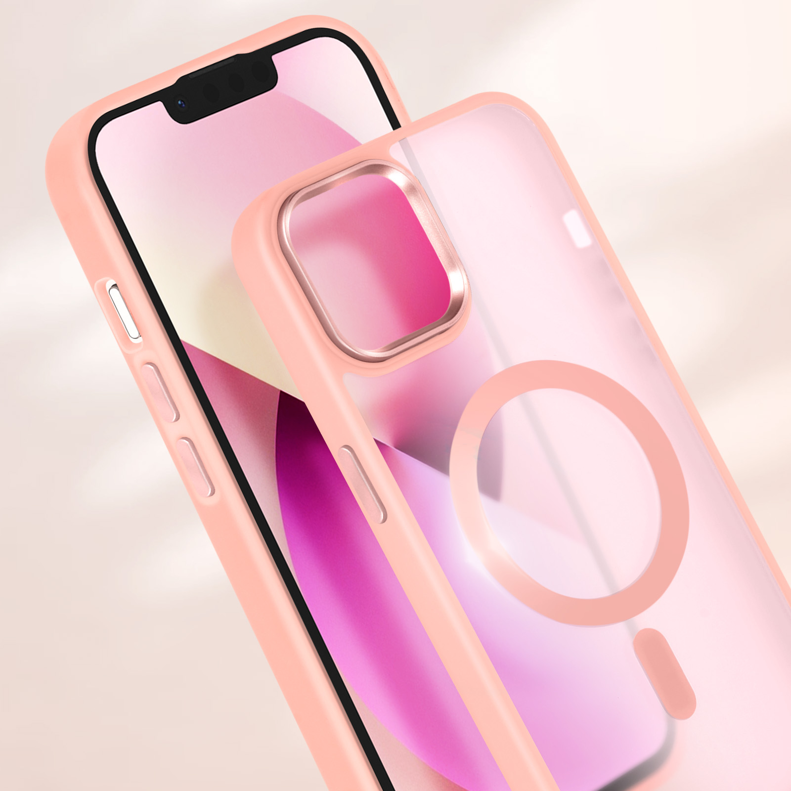 Custodia rosa con un telefono. Sfondo rosa.