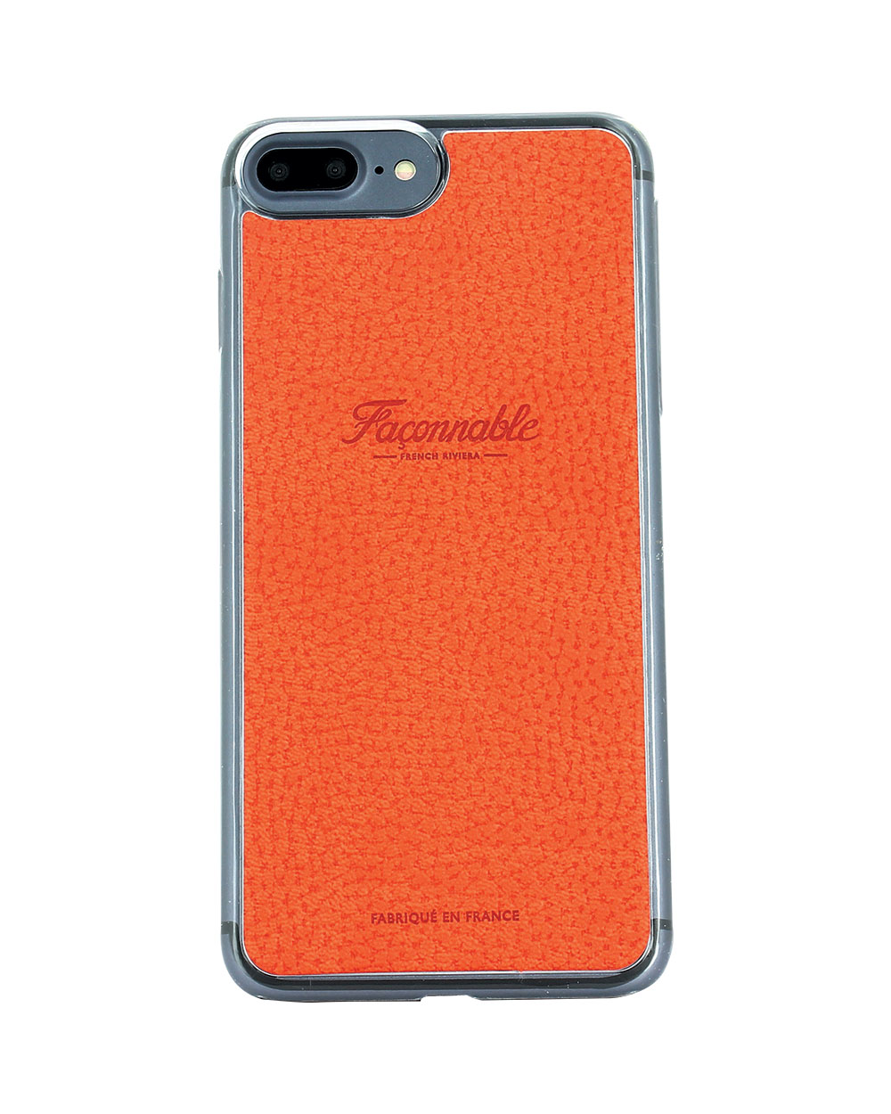Transparente Handyhülle mit orangefarbenem, strukturiertem Rücken und Faconnable-Logo. Made in France.