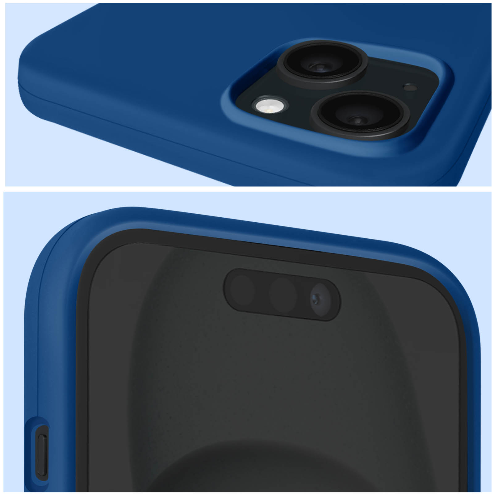 Primo piano di una custodia blu scuro con ritagli per la fotocamera. In basso la fotocamera anteriore e i sensori.