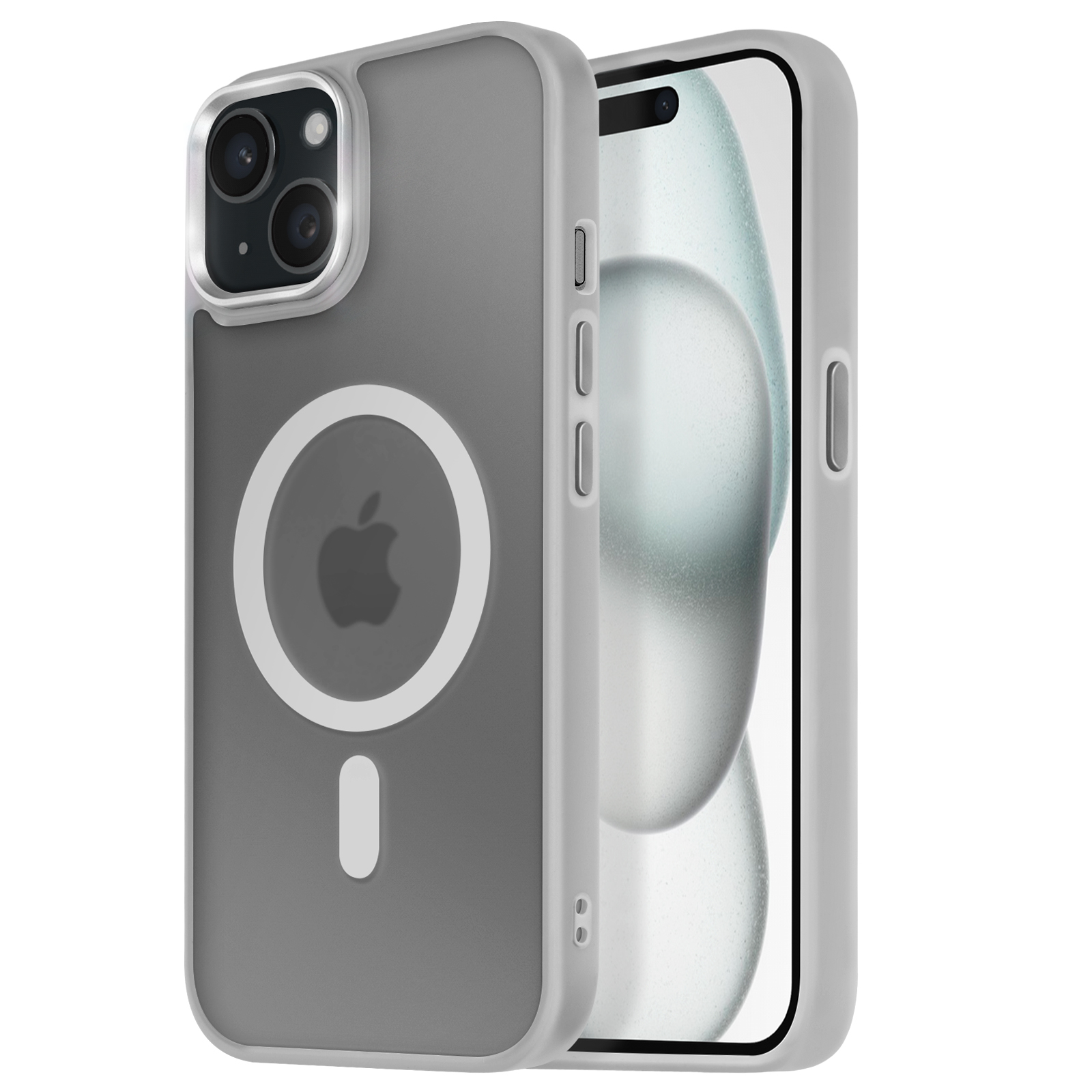 Un telefono in una custodia grigia. La custodia ha un logo Apple bianco, un cerchio bianco e un segno meno.