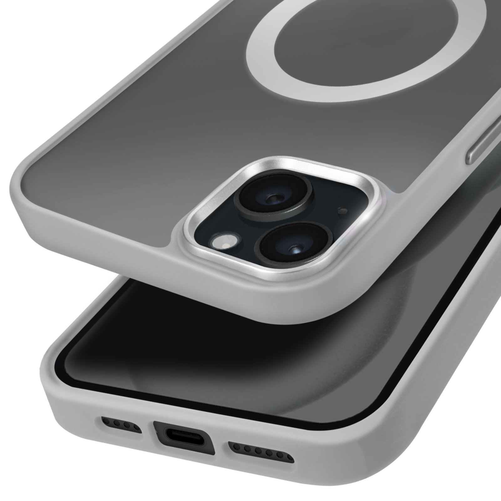 Custodia grigia per telefono sopra un telefono. La custodia ha un ritaglio circolare e un anello magnetico.