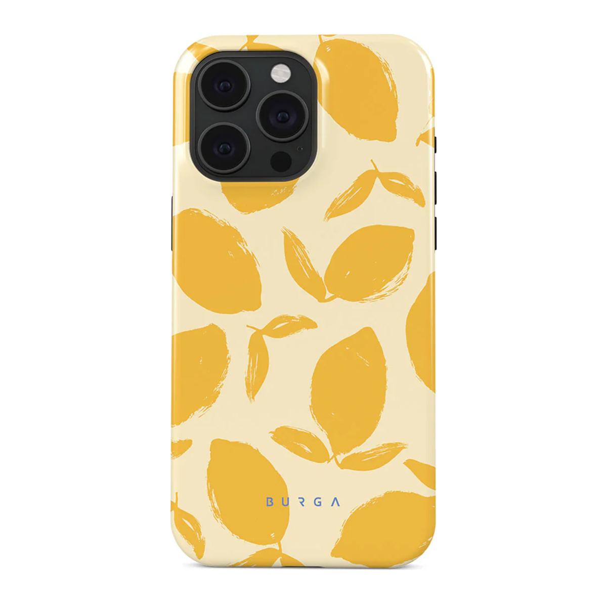 Telefoonhoesje met geel citroenpatroon. De achtergrond is crèmekleurig.
