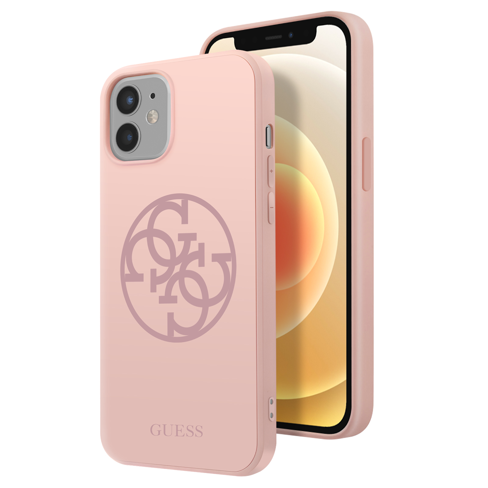 Roze telefoonhoesje met een Guess-logo en een telefoon erin. Op een witte achtergrond.