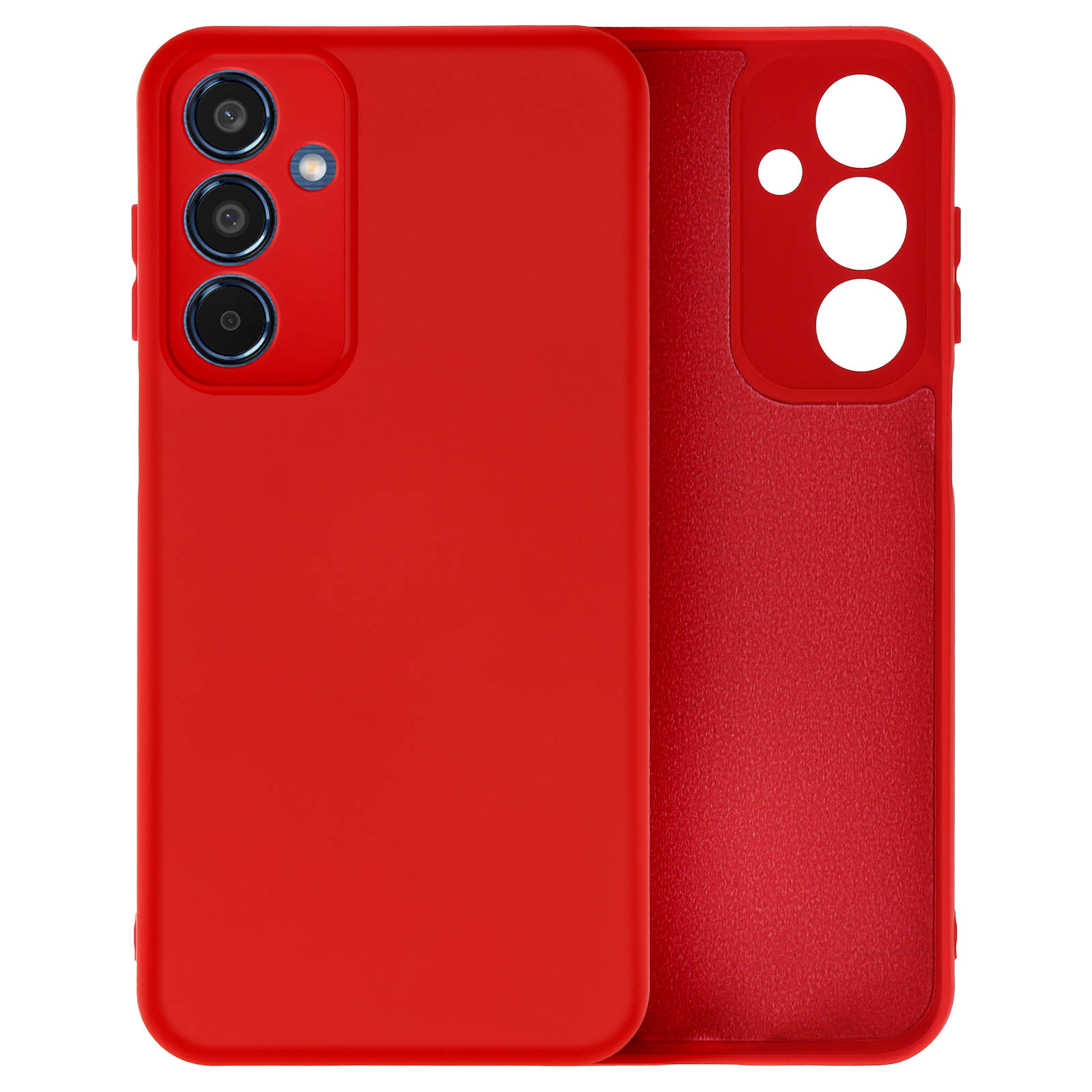 Custodia rossa per telefono con ritaglio per fotocamera. La custodia è aperta, mostrando l'interno.
