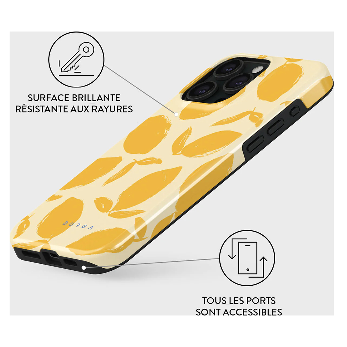 Gele telefoonhoes met een bloemenpatroon. Tekst geeft krasbestendigheid aan.