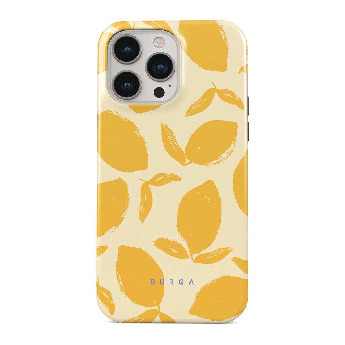 Custodia per telefono con design di limone giallo su sfondo crema. Sono presenti anche forme di foglie gialle.