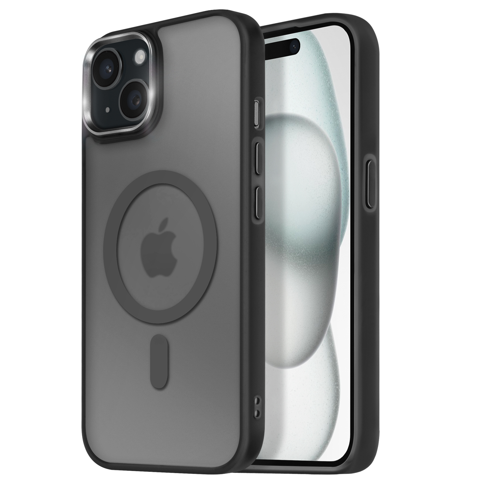 Custodia per telefono sopra un telefono. La custodia è grigio scuro con un cerchio e il logo Apple. Il telefono ha uno schermo.