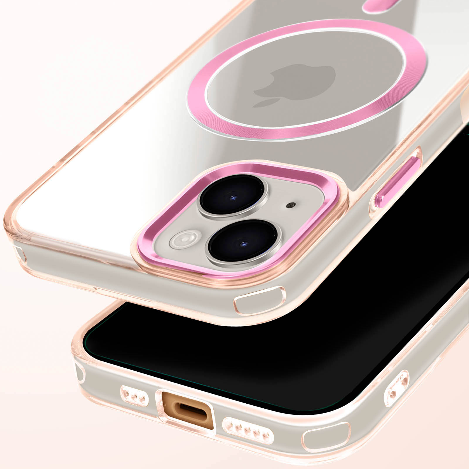 Primo piano di una custodia e telefono con bordo rosa e logo Apple.