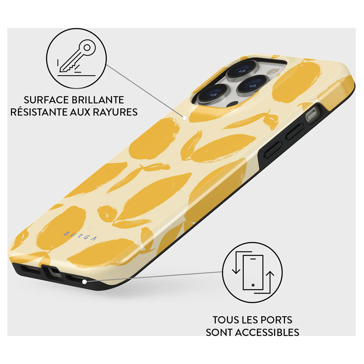 Custodia per telefono gialla con design di foglie gialle astratte e bordo nero.
